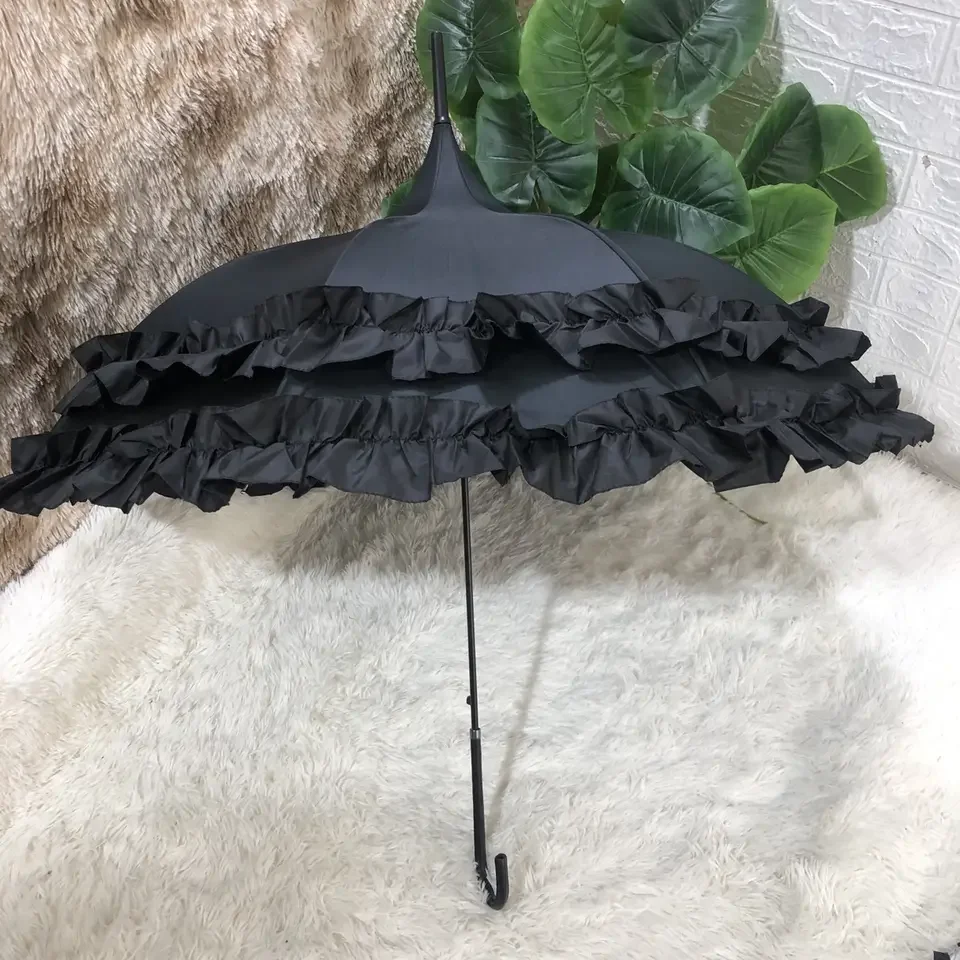 Victorian Elegant Sun Umbrella, Multi-Layer Lace & Ruffle Hem Parasol, UPF 50+ Vintage Style Sunshade