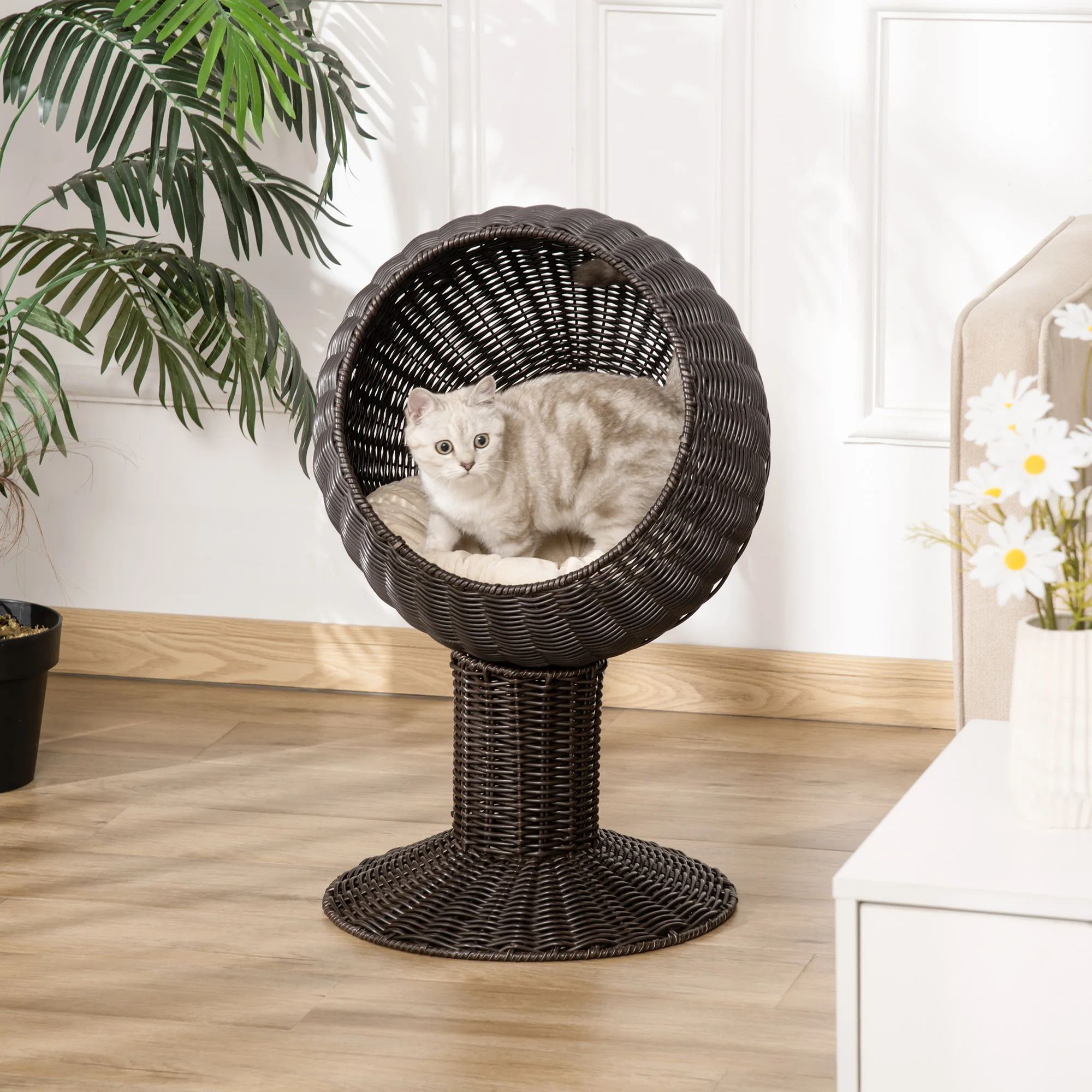 27in Outdoors Rattan Wicker Raised Cat House All Seasons Kitten Hanging Ventilate Scratching Nest with Cushion Pet Supplies