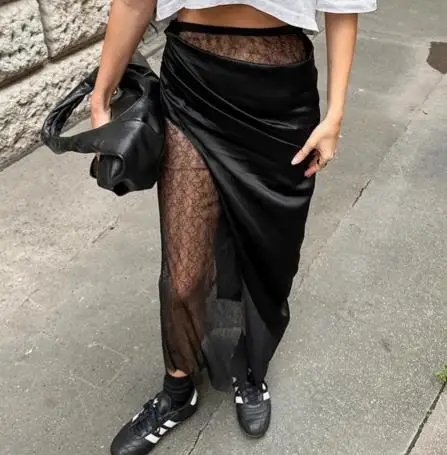 

Summer Women's High Street Fashion Lace See Through Half Skirt Black Sexy Spicy Girl Lace Patchwork Transparent Half Skirt