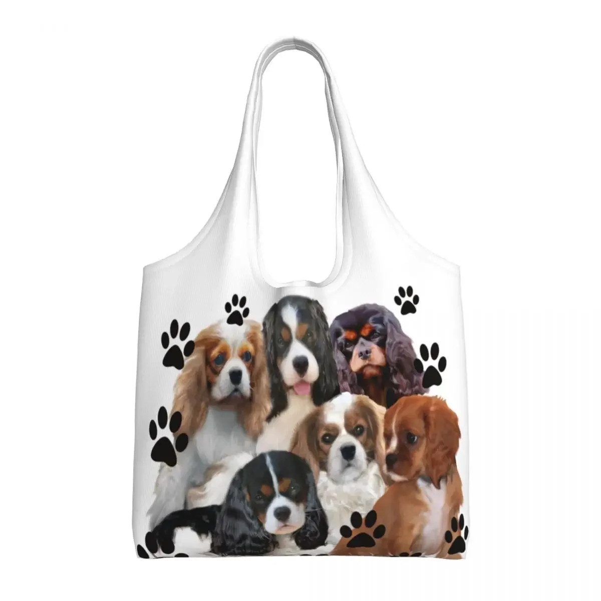 Custom Kawaii Print Cavalier King Charles Spaniel Family Group Shopping Tote Bag Reusable Canvas Shopper Shoulder Dog Handbag