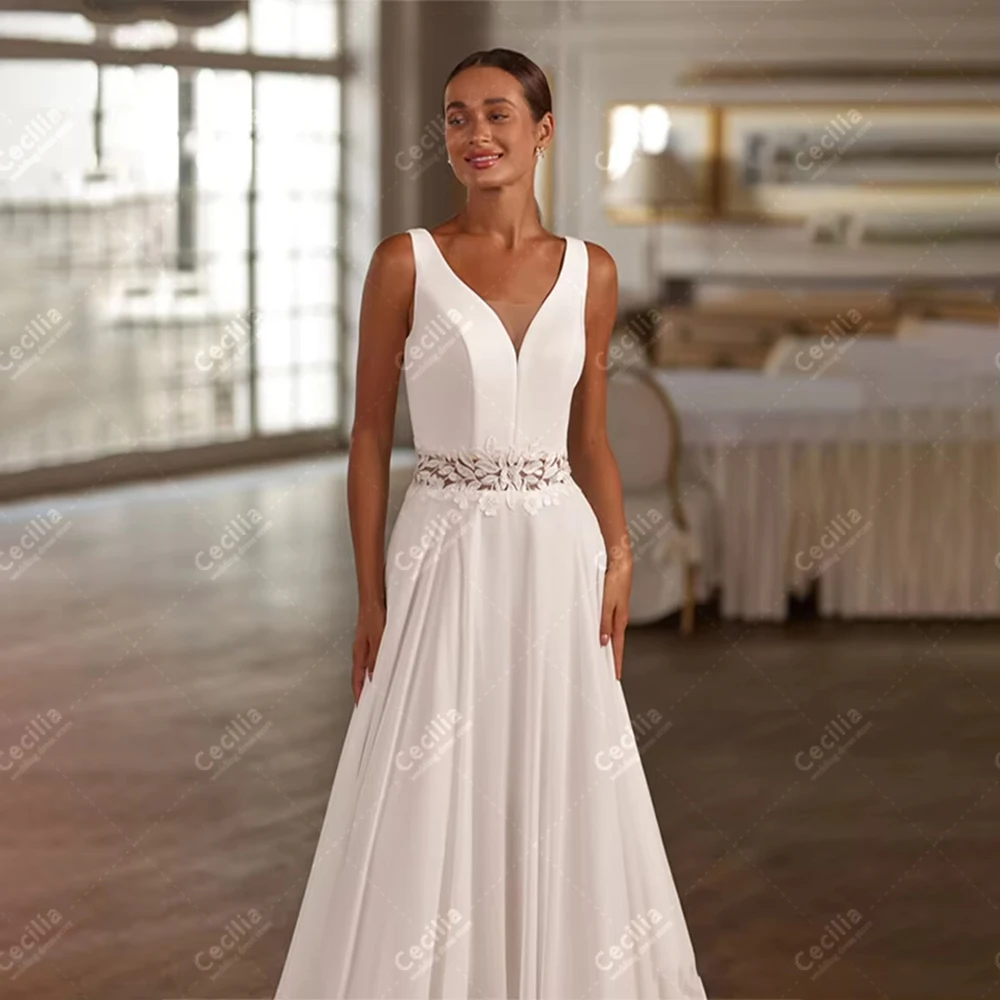 فساتين زفاف أنيقة على شكل حرف A زي العرائس البسيط بدون أكمام بدون ظهر رداء على شكل حرف V رشيق مخصص فيستدوس دي نوفيا 2026 #3