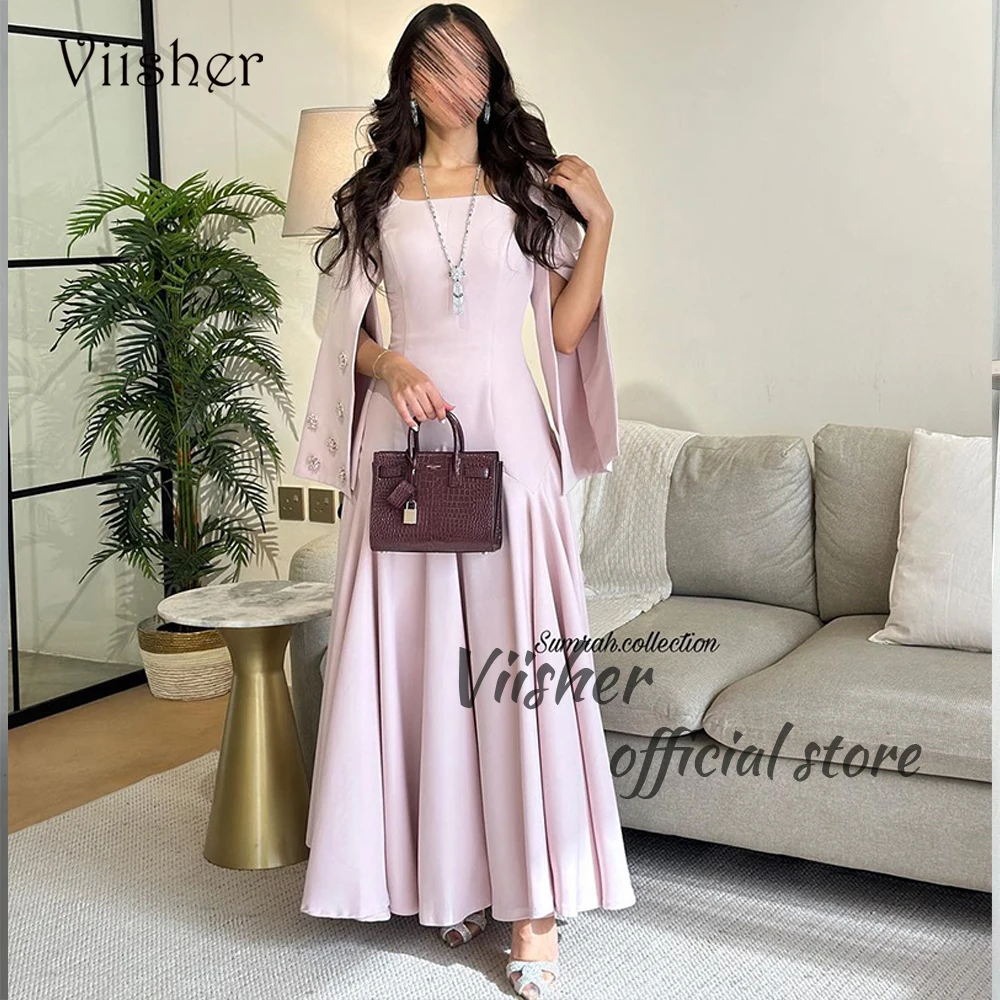 

Viisher Dusty Pink Mermaid Evening Dresses with Cape Strapless Arabian Dubai Formal Occasion Dress Floor Length Prom Party Gowns