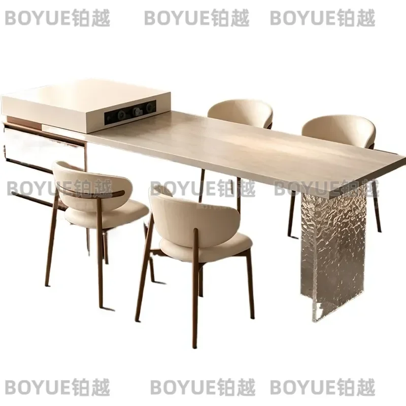 Medieval Style Retractable Dining Table with Stone Rock Slab Top Multi Functional Kitchen Island Center Piece for Modern Home