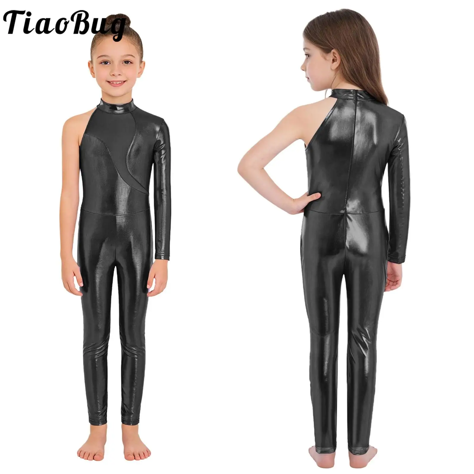 

Kids Girls Dance Leotard Figure Skating Jumpsuits Rhythmic Gymnastics Performance Costume Metallic One Sleeve One-piece Leotards
