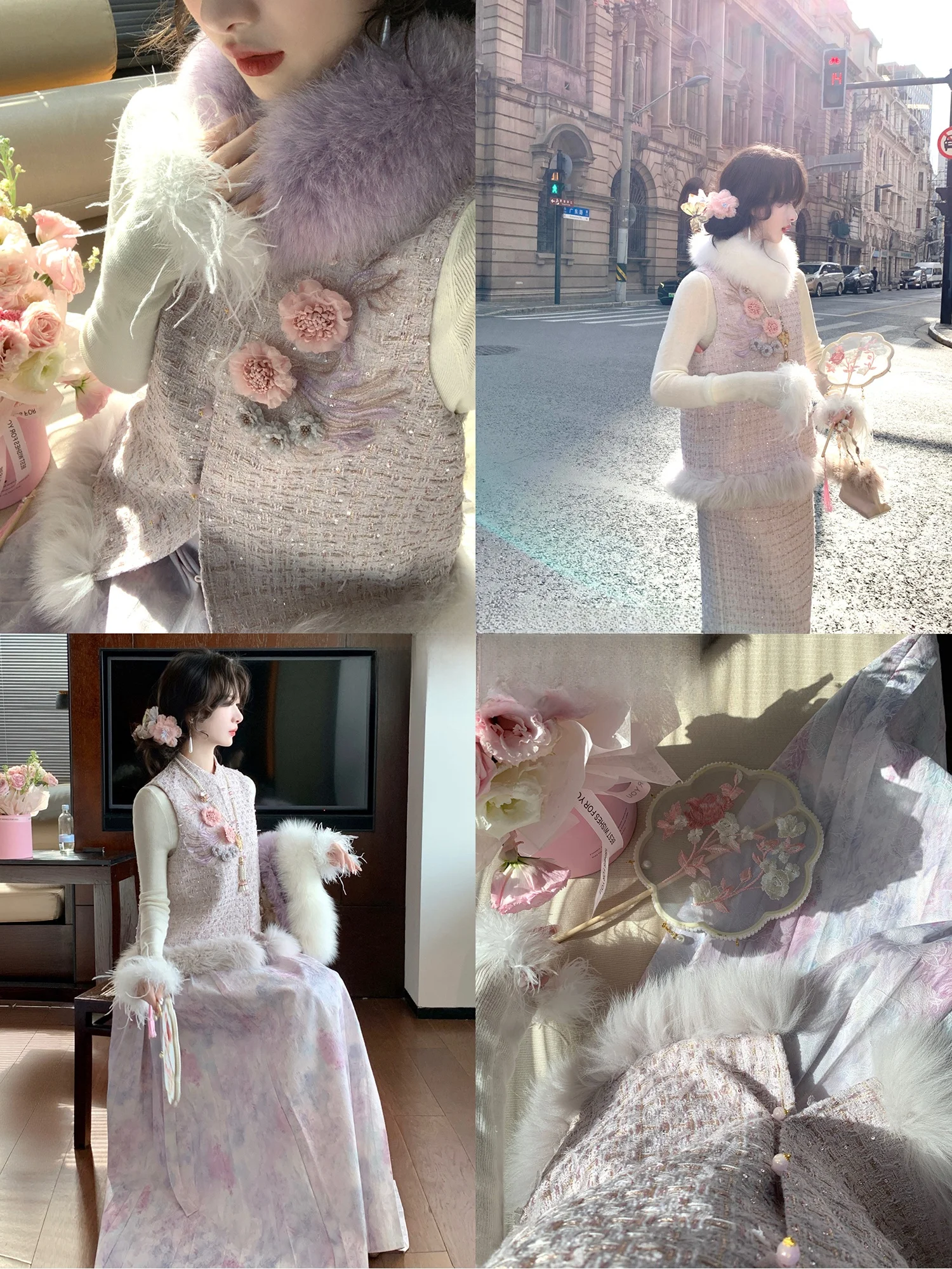 

Новый китайский меховой лоскутный джемпер и жилет, комплект из двух предметов, зимний ансамбль Faion, женская трикотажная одежда обычной длины