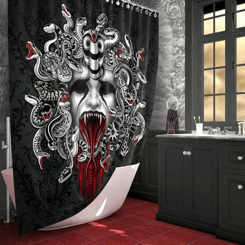 Gothic Shower Curtain,Nu Goth Bathroom Decor,Horror&Halloween Art-Screaming Medusa & Skull, Black&White Snakes Bathroom Curtains