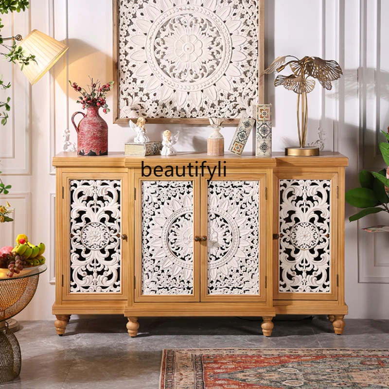 

American Country Sideboard Cabinet Retro Living Room Entrance Cabinet Solid Wood Floor Carved Storage Organizer Storage Cabinet