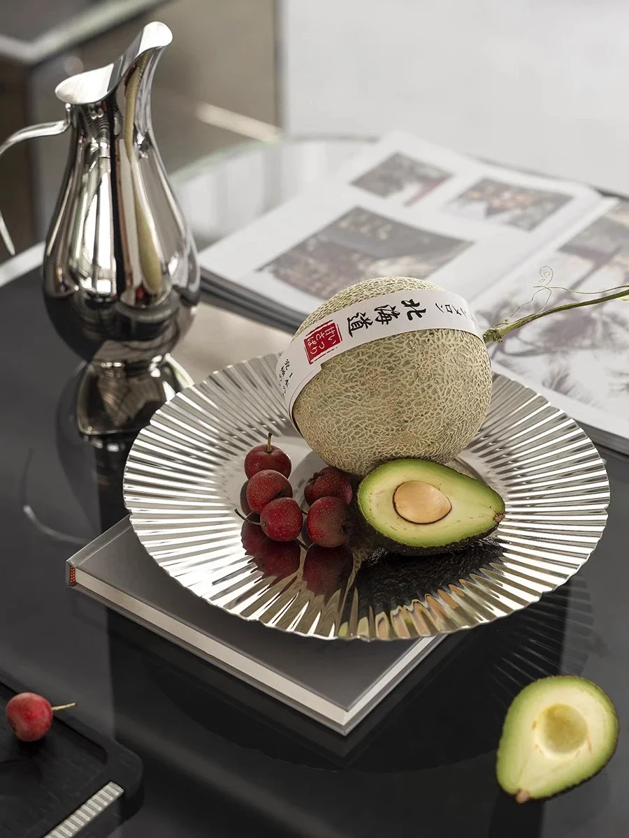 

Stainless Steel Round Serving Tray, Striped Dessert Plate, Fruit Dish, Pie Cake, Home Decoration, Scandinavian Style