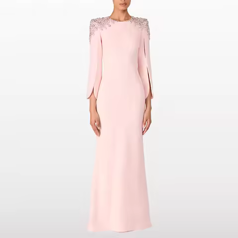 Pink Evening Dresses Customized O-Neck Long Sleeves Crystal Beading Luxury Arab Evening Gown Mermaid Floor Length Party Dress