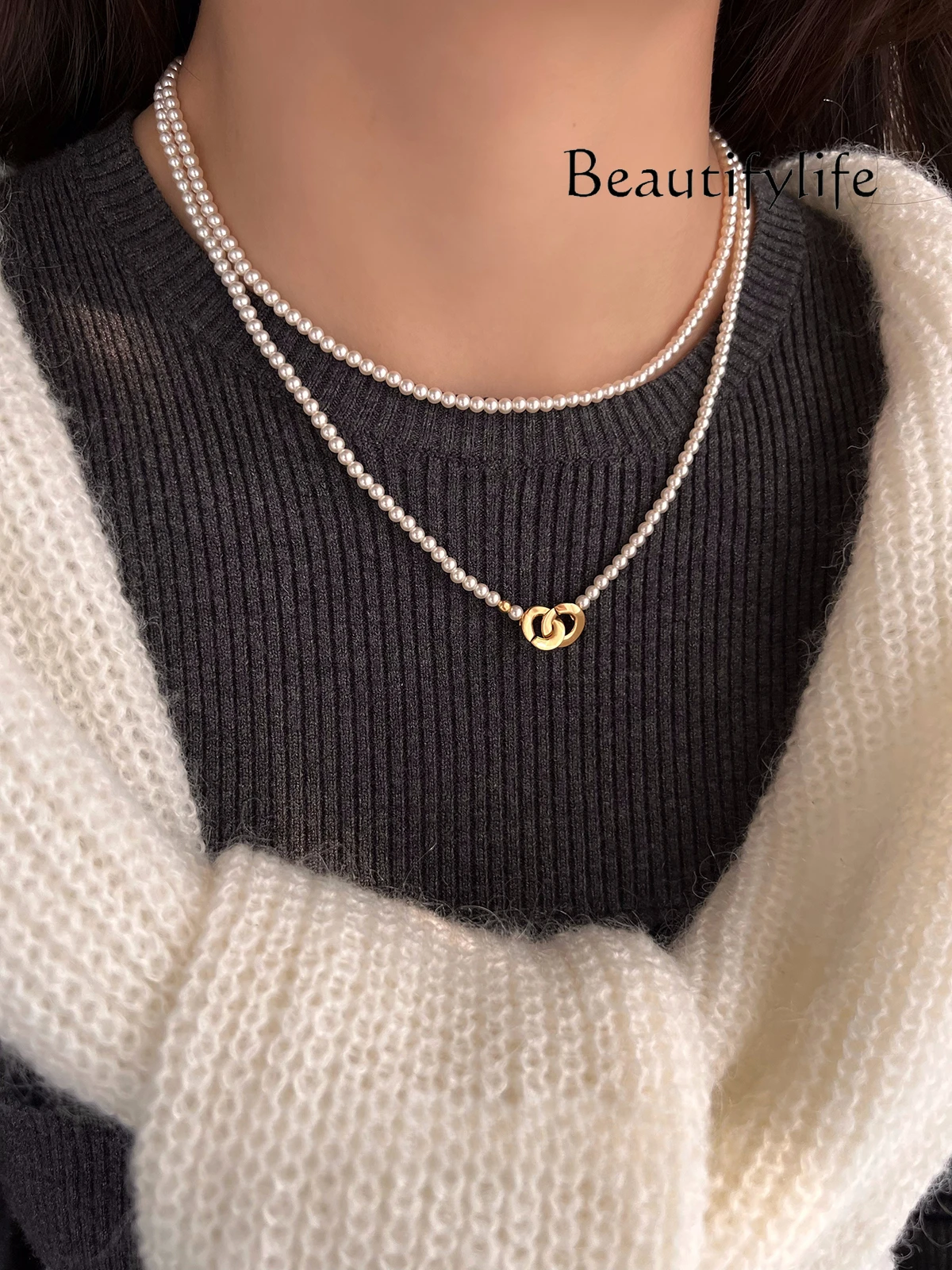 Pearl item double layer stacking summer French long sweater chain fashion foreign style accessories high sense