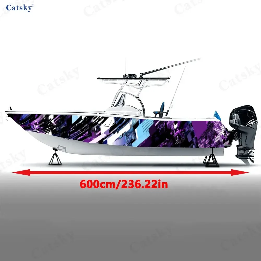 2Pcs Cyberpunk Style Boat Wrap, Vibrant Purple & Blue Geometric Pattern Vinyl Decal, Futuristic Digital Graphic Sticker for Boat