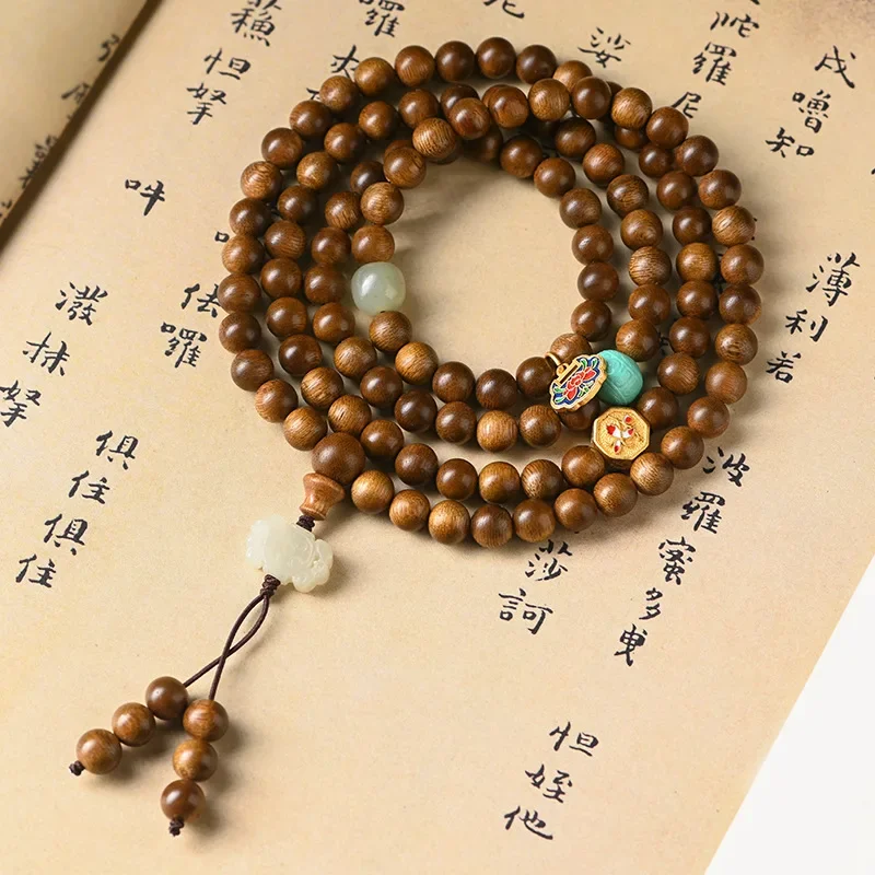 Vietnam Hoi an agarwood hand string 108 transfer beads Buddha beads bracelet 68mm men and women couples rosary necklace