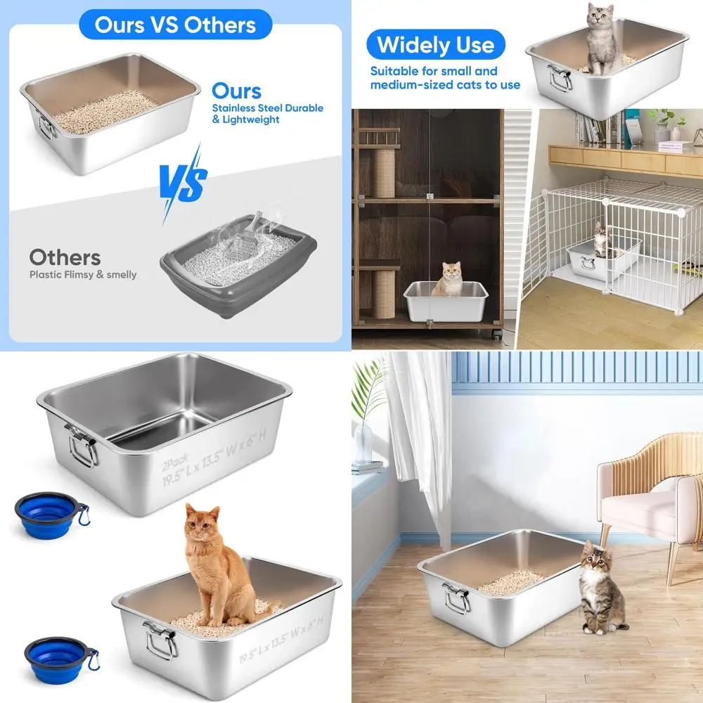 

Dual Stainless Steel Pet Litter Box with Handle, 19.5x13.5x6, Odor-Reducing, Foldable Feed Plate, Easy Clean