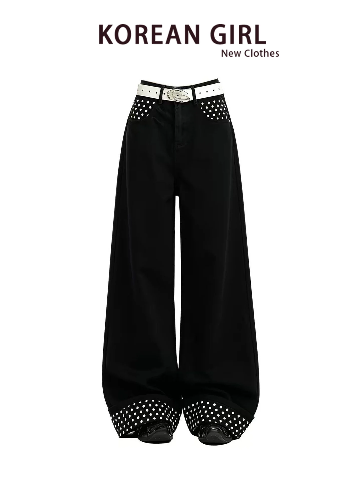 American Retro Polka Dot Cuffed Wide Leg Denim Jeans Women's Loose High Waist Floor Length Straight Cut Trousers Autumn 2026