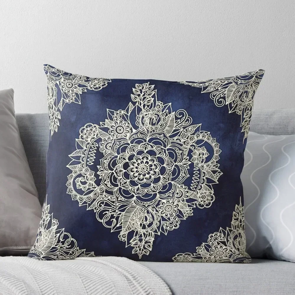 

Cream Floral Moroccan Pattern on Deep Indigo Ink Throw Pillow Christmas Covers For Cushions pillows decor home pillow