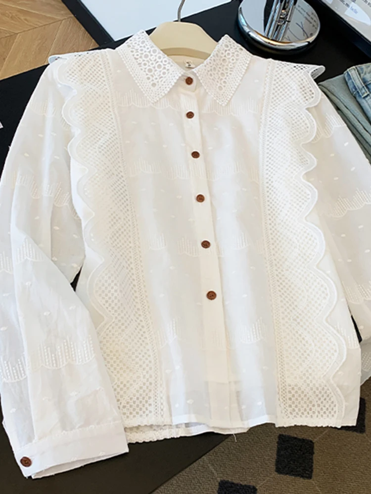 

Ретро-японская женская блузка с длинным рукавом, кружевной вышивкой, весенний дизайн, воротник-стойка, приталенный крой, модный топ для прогулок