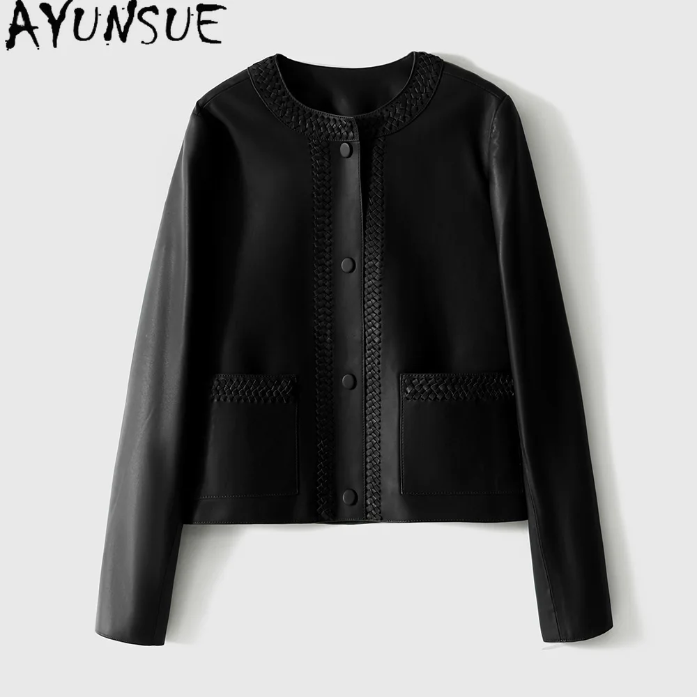 

AYUNSUE Real Leather Jacket Woman Clothing 2026 Spring Autumn Sheepskin Coat for Women Weave Loose Fit New Style Casaco Feminino