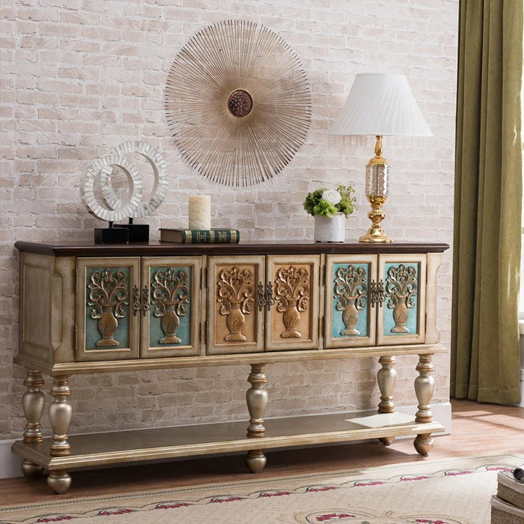 Yjq American entrance dining side cabinet living room champagne solid wood retro painted six-door locker