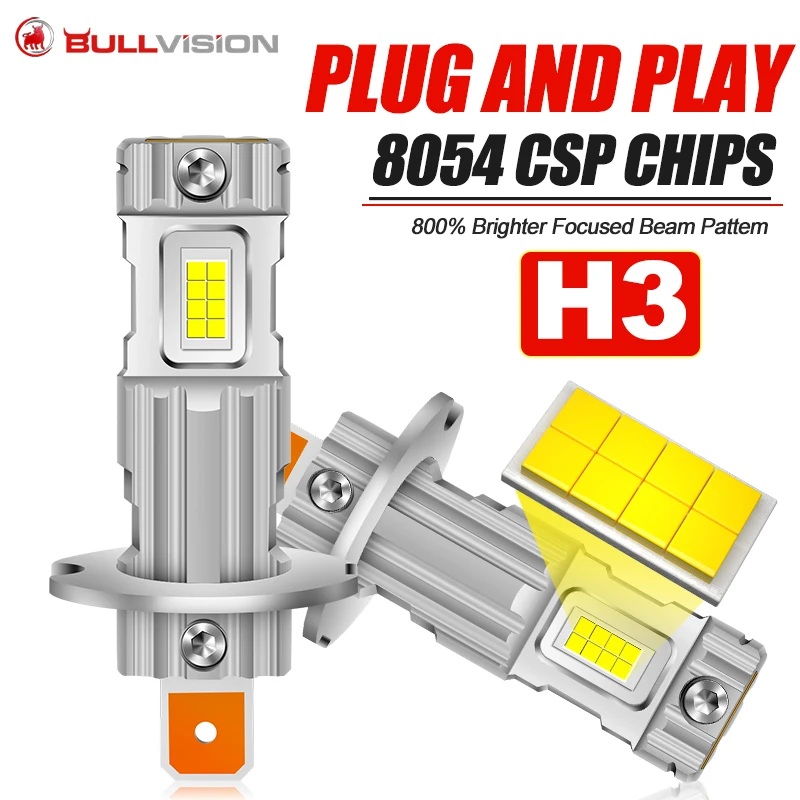 

Светодиодные лампы Bullvision 2Pcs Turbo H3 LED для фар, 6500K белый свет, 16 CSP, Canbus без ошибок, для автомобиля, ближний/дальний свет, 30000LM, 12V