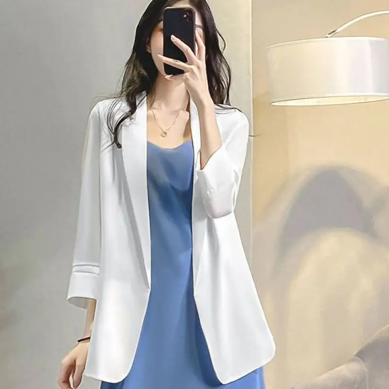 2024 New Summer Korean Edition Fashion Simple Commuting Solid Color Versatile Thin Three Quarter Mid Length Suit Coat dla kobiet