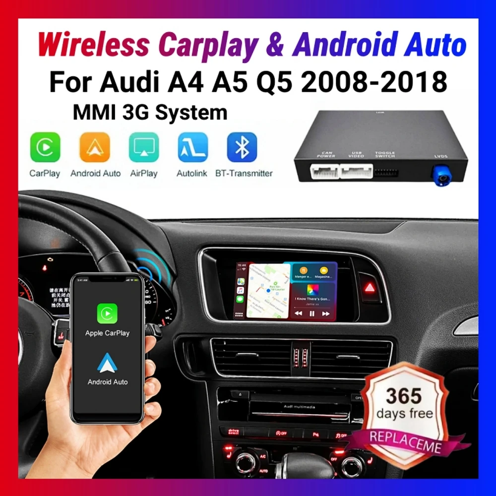 ANYFAR Wireless CarPlay Android Auto Interface Adapter für A4 A5 Q5 2008-2018 MMI 3G System mit AirPlay Mirror Link Bluetooth