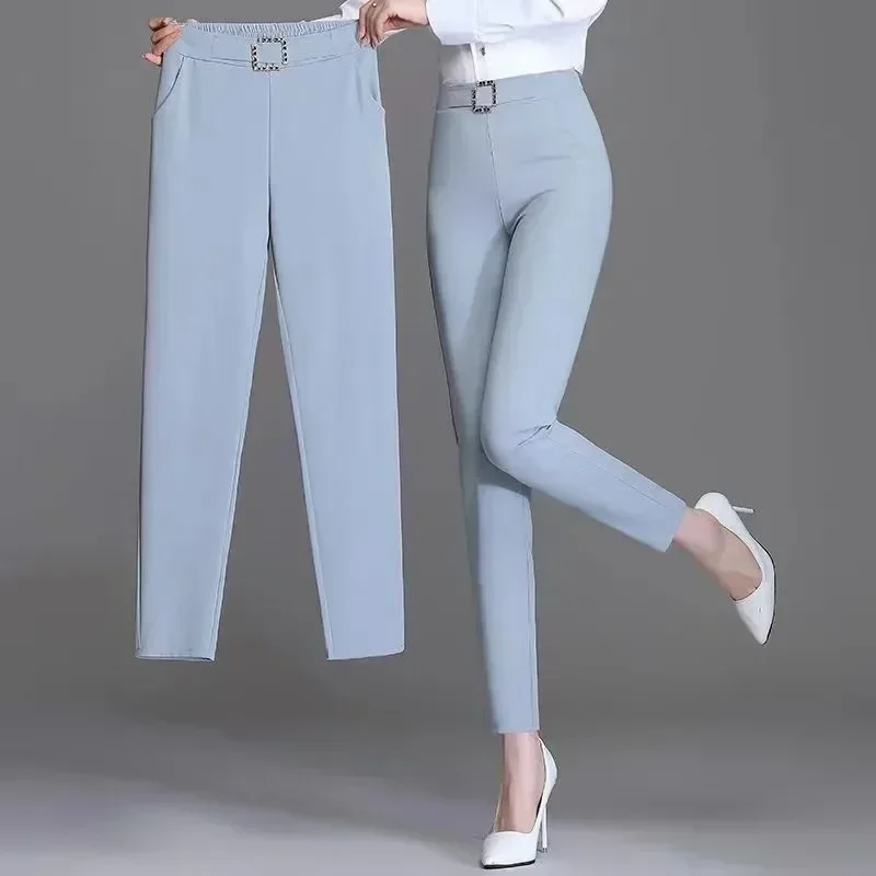 

White Pants Women Elastic High-waisted Haren Pants Fashion Wild Thin Ice Silk Pants Office Ladies Trousers Black Khaki Blue Pant