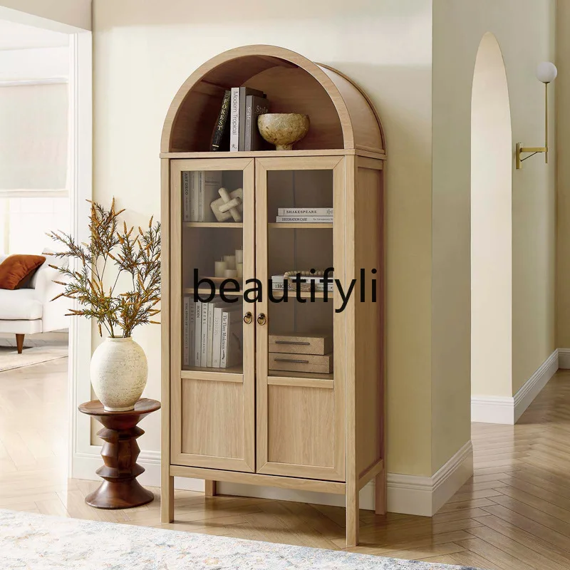 

American Style Light Luxury Solid Wood Arch Bookshelf Living Room Glass Display Cabinet Open Vintage Storage Cabinet