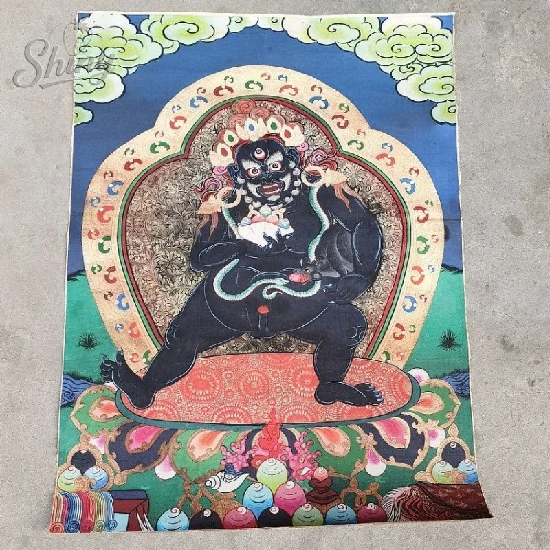 

35.4″ King of Treasures Brocade Tibetan Tangka Embroidery Painting Gold Thread Embroidery Decorative Hanging Pictures