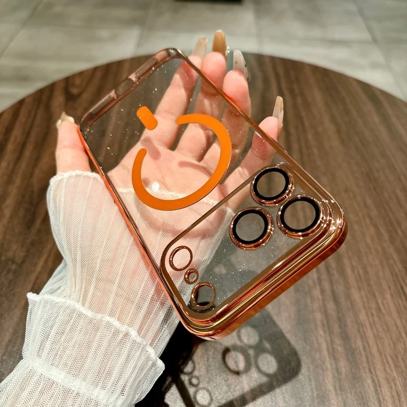 حافظة مغناطيسية لاسلكية لامعة برتقالية من إيما لهاتف آيفون 17 16 15 14 13 12 11 Pro Max Plus مع حماية عدسة تغطية كاملة