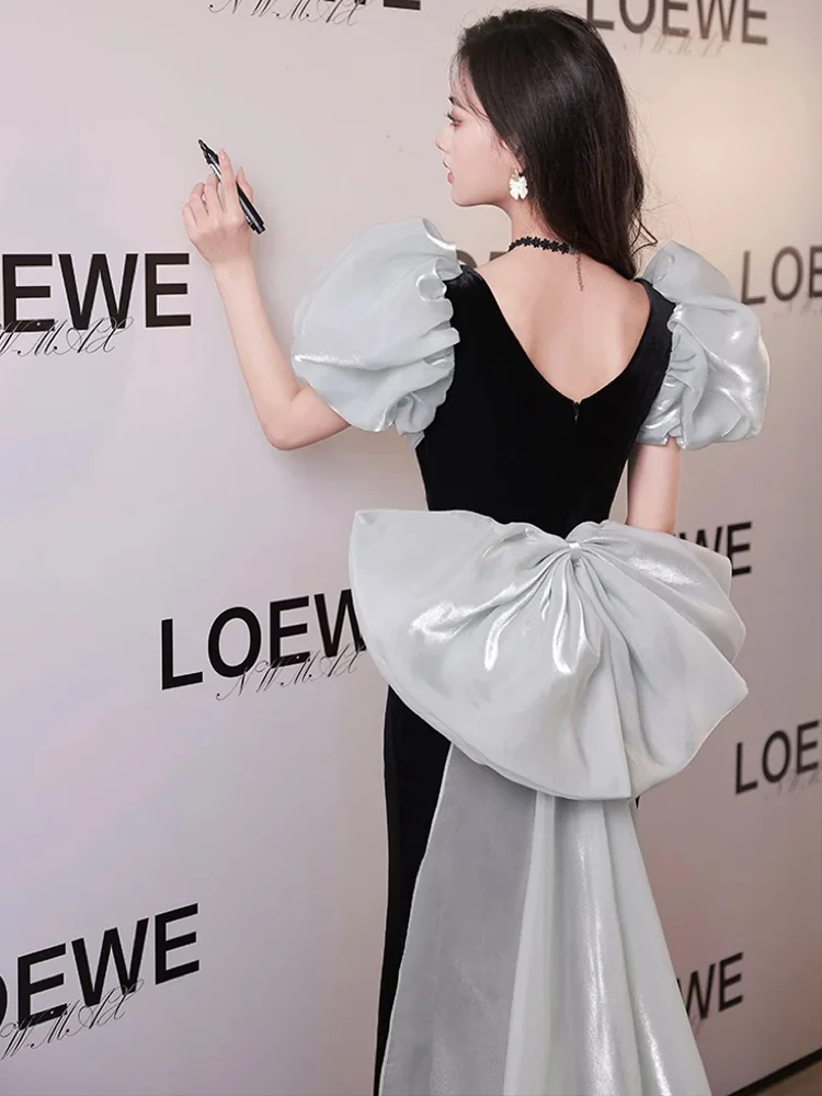 Jirocum Samt-Meerjungfrau-Abschlussballkleider für Damen, Puffärmel, Schleife, Schwanz, quadratischer Ausschnitt, Party-Abendkleid, bodenlang, formelles Anlasskleid