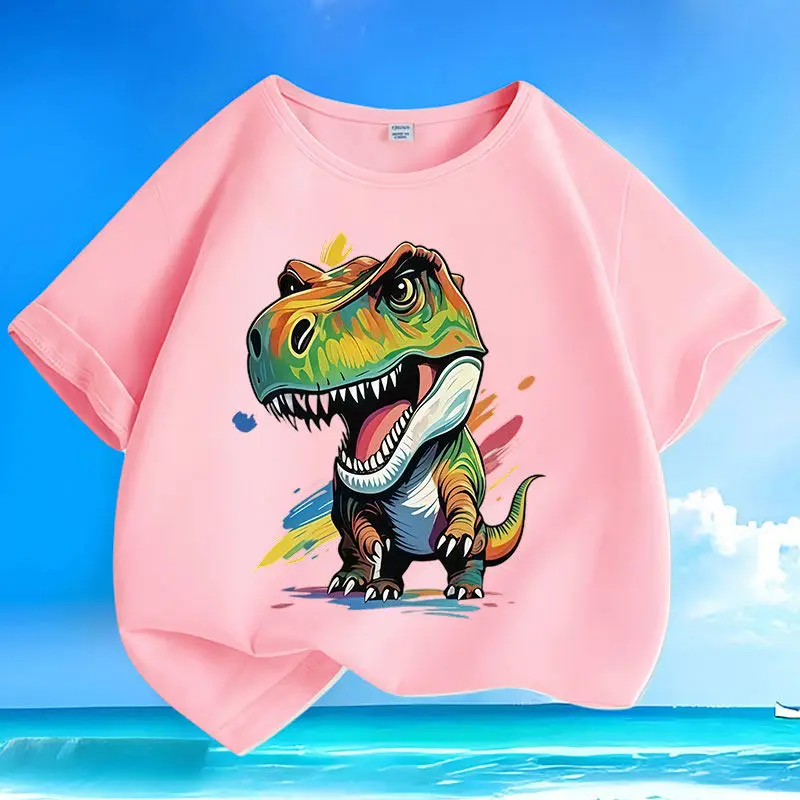 Colorful Dinosaur New Summer Children's Short Sleeved Pure Cotton Round Neck Loose Cartoon Parent-child Versatile Casual Top