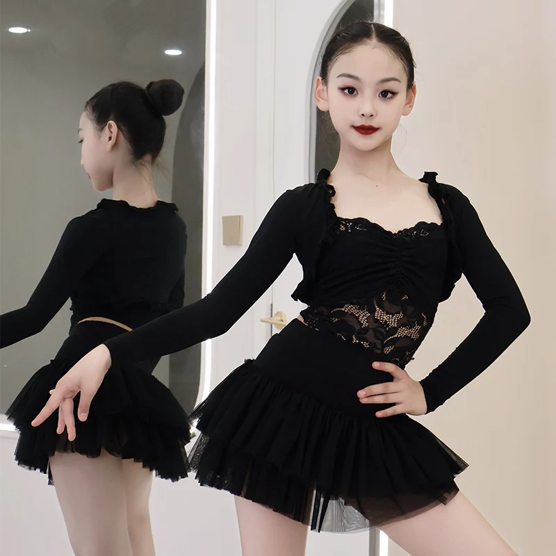 

Children Latin Dance Clothes Girls Long Sleeves Suit Black White Lace Dance Costume Practice Outfit Cha Cha Dance Wear DNV24860