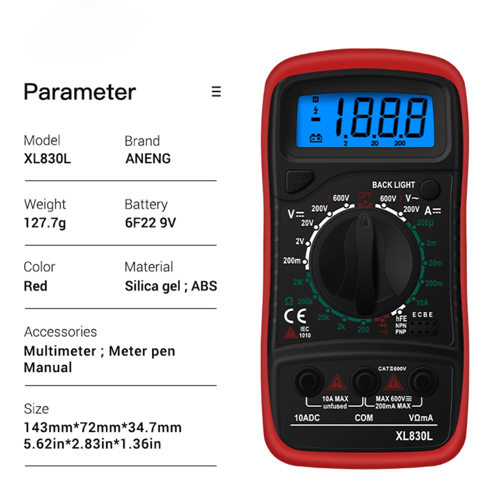 Handheld Digitale Multimeter Ohm Voltage Tester Meter Multimetro XL830L Ac/Dc Ampèremeter Met Thermokoppel Lcd Backlight Display Nieuwe