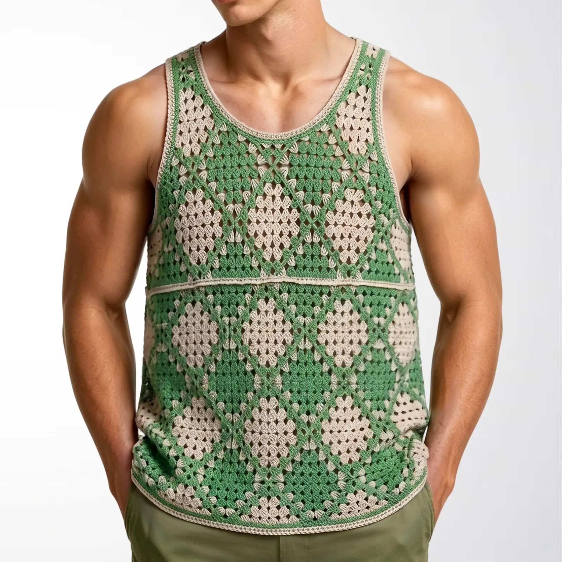 Men's Green Apricot Color Block Diamond Pattern Cut-Out Knit Vest Water-Soluble Crochet Sleeveless Luxury Fashion Top