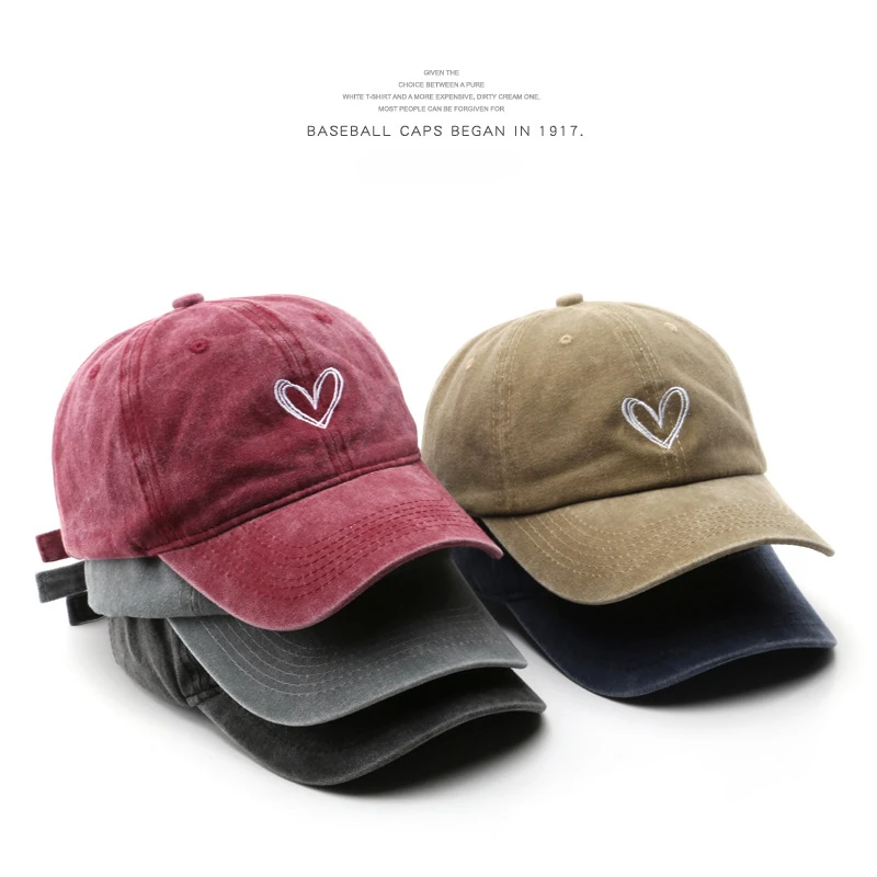 Spring Summer Embroidered Peach Heart Wash Denim Baseball Caps Casual Korean Version Thin Couple Soft Top Duck Hat Male Tide