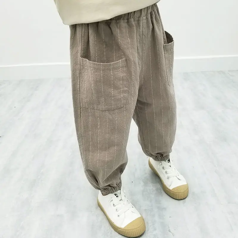 Pantalon Harlan en coton à rayures pour garçons, vêtements d\'été pour enfants, mode décontractée, poches épissées, taille élastique, nouveau, 2023