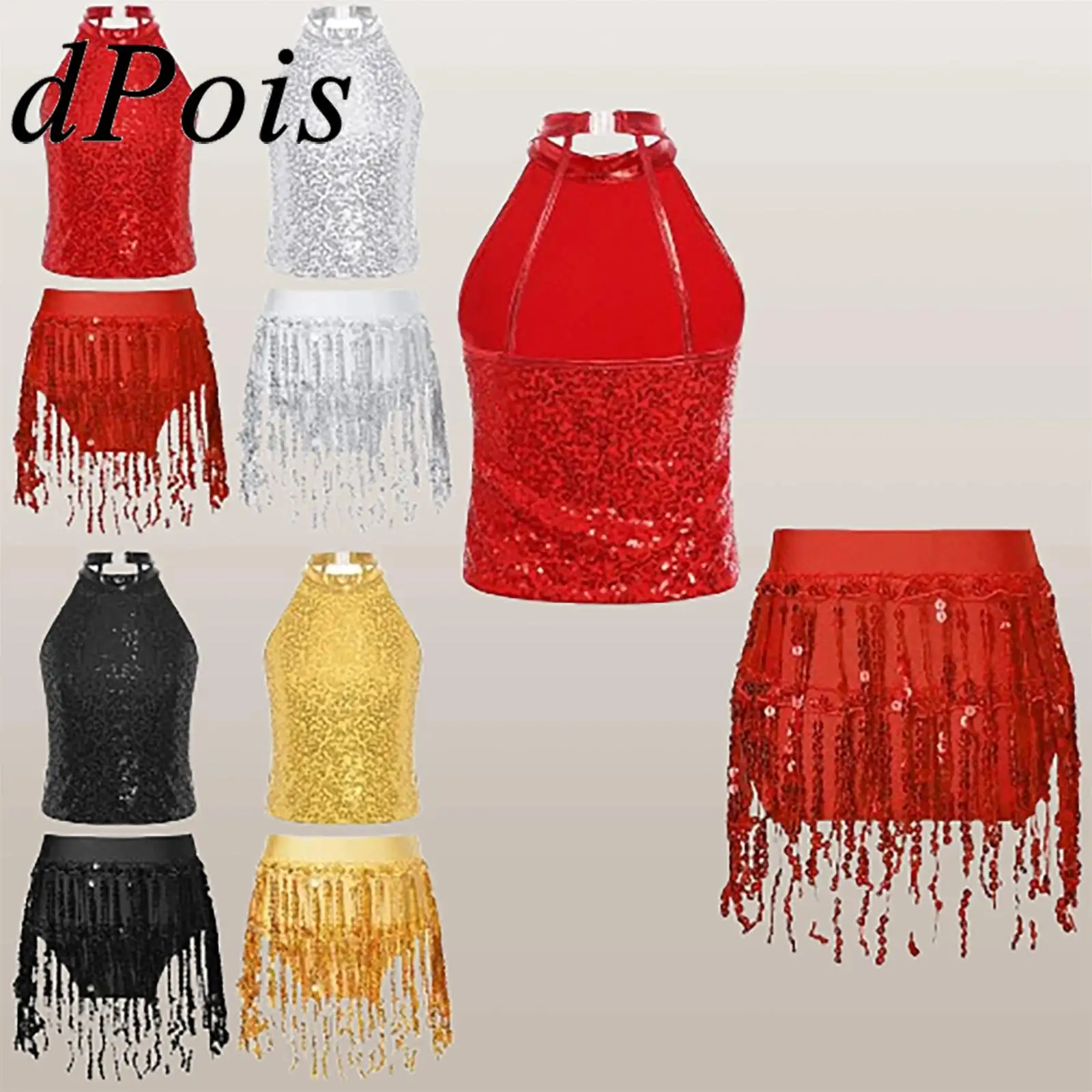 

Girls Sparkling Tassel Streetwear Clothes Set Children Sequins Dance Outfits Fashion Kids Sleeveless Backless Crop Top Briefs