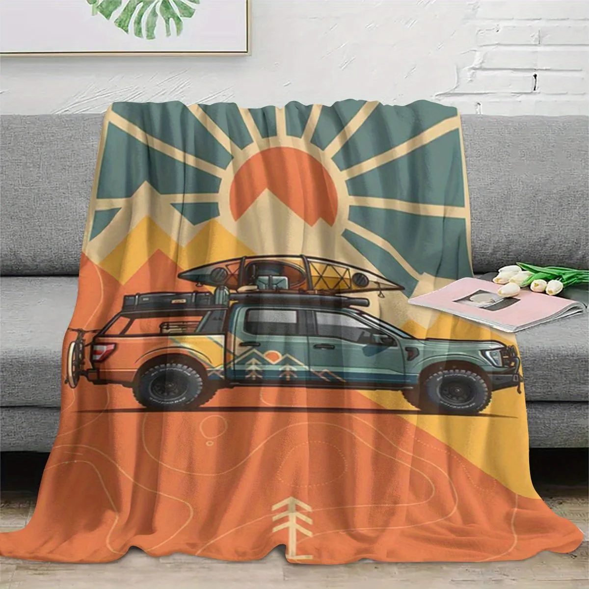 Bohemian Boho Throw Blanket Picnic Camping Throw for Road Trip Decor Desert Mountain Travel Retro Vintage Jeep Outerwear Decor