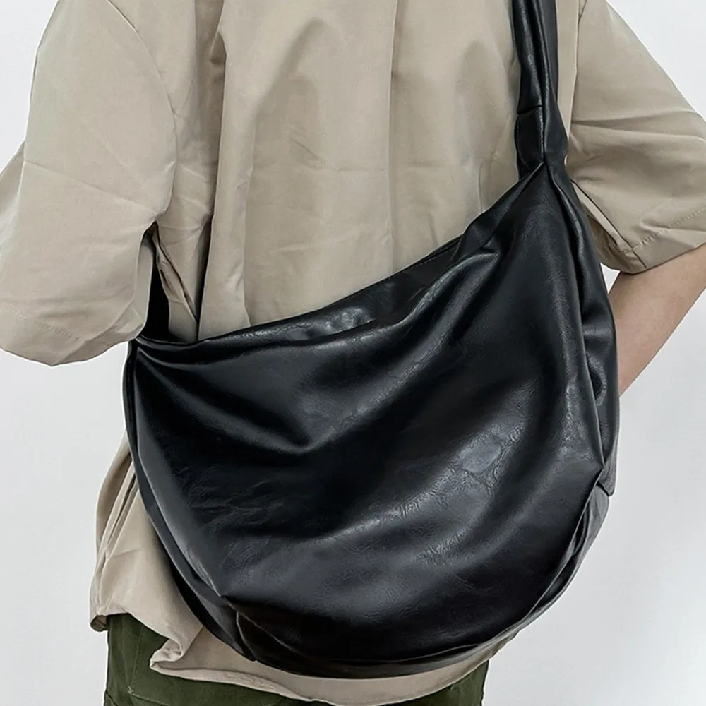 Japanese Style PU Leather Shoulder Bag Multi-Functional Large Capacity Male Dumpling Bag Solid Color Cool Crossbody Bag Daily