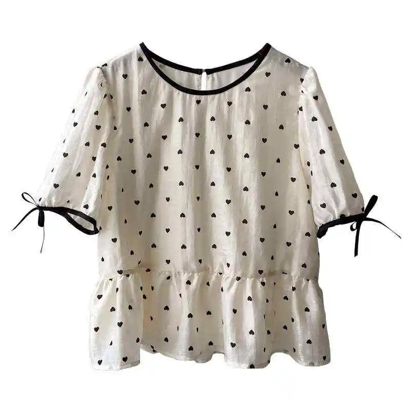 

Yanuang Love Floing round Ne irt Women's Summer New Sweet Sle Bubble Sve Cotton Blend Printed ort Sve Top