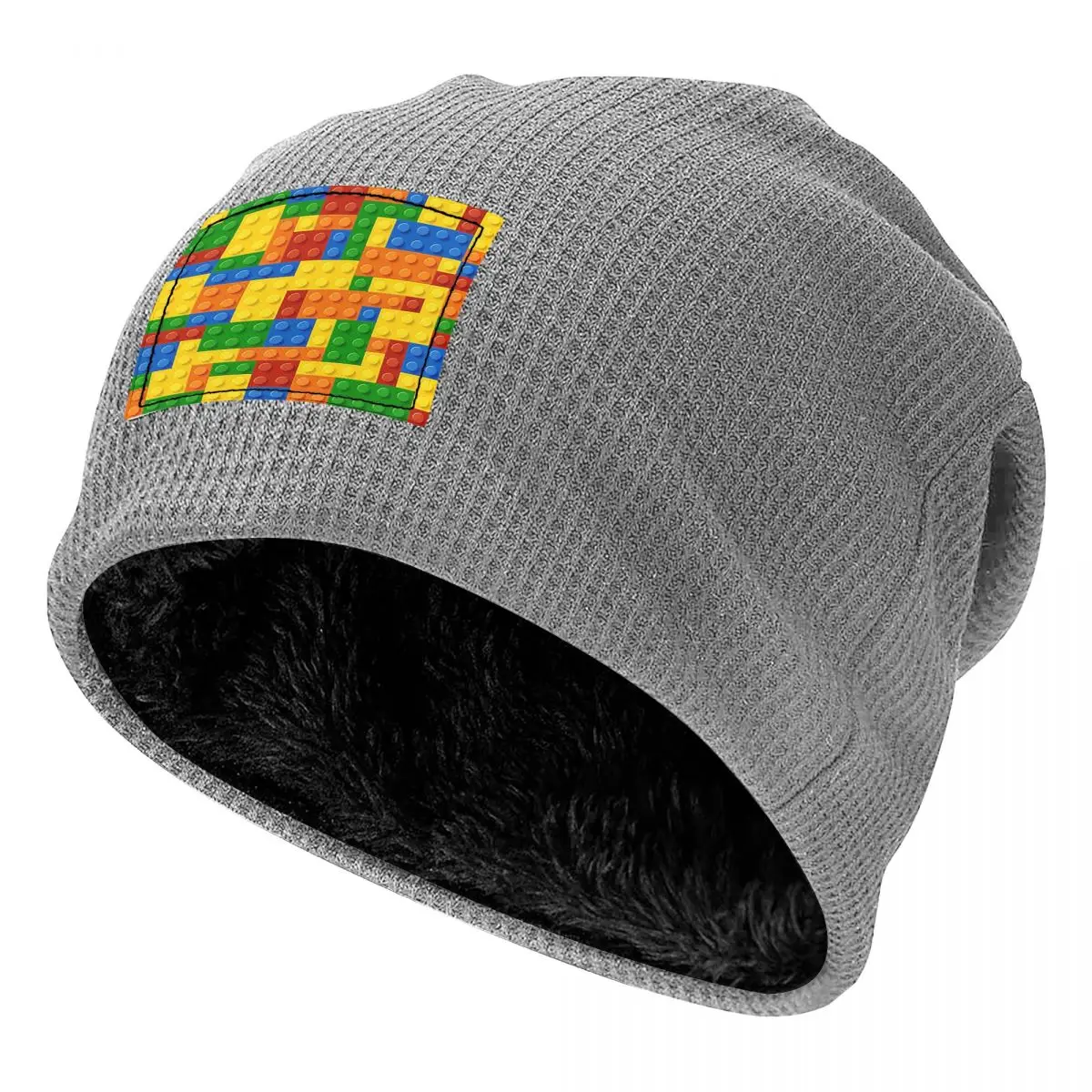 Building Blocks Construction Brick Waffle Knit Fleece Lined Beanie with PU Leather Patch Unisex Warm Winter Soft Cap