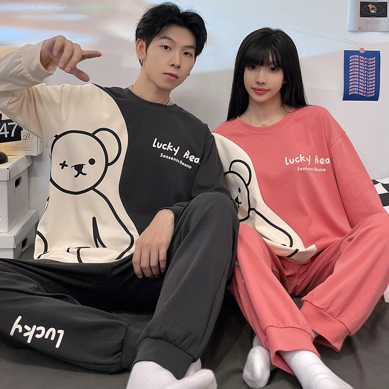 Korean Cotton Long Couple Pajamas Suit Cartoon Print Casual Daily Sleepwear Spring Women 2-piece Set Men Homewear Pyjamas