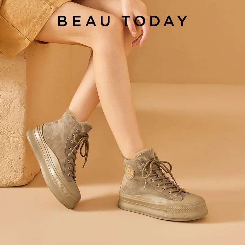 BEAUTODAY Canvas Sneakers Women Kid Suede Round Toe High Top Lace-up Winter Warm Plush Ladies Casual Shoes Handmade 08226