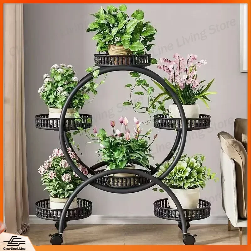 for Dill Flower Pot Stand Wrought Iron Multi Layer Floor Type Movable with Wheels Living Room Balcony Household Plant Rack