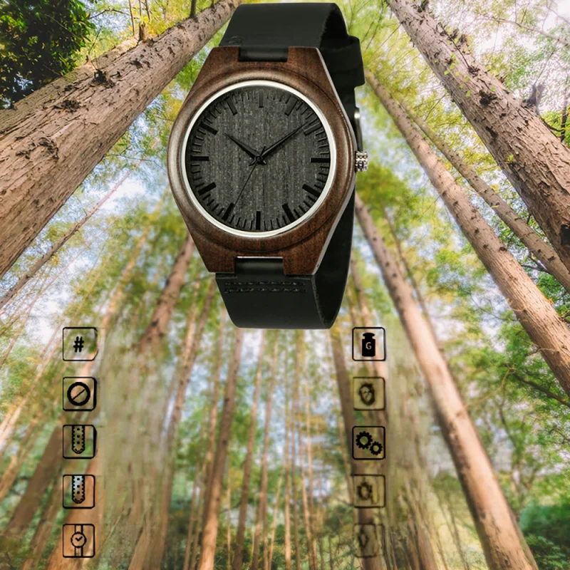 Cross-Border Hot Sale Popular Leather Belt Wooden Watch Fashion Casual Quartz Watch Imported from Japan Movement Men's Ebony Wat