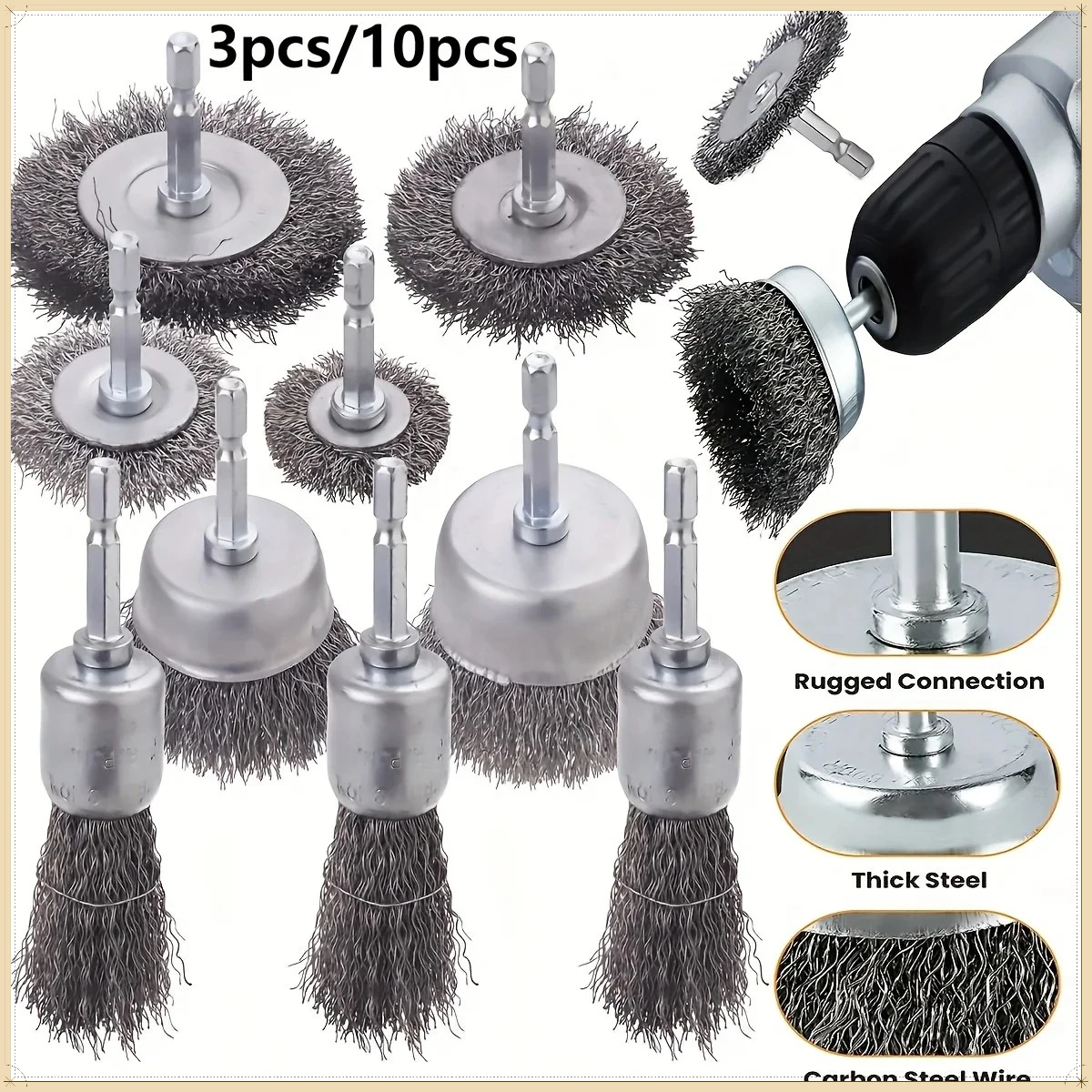 1/4 Inch Hex Shank Wire Brush Wheel Cup Brush Set Carbon Steel Crimped Drill Cleaning Polishing Tool