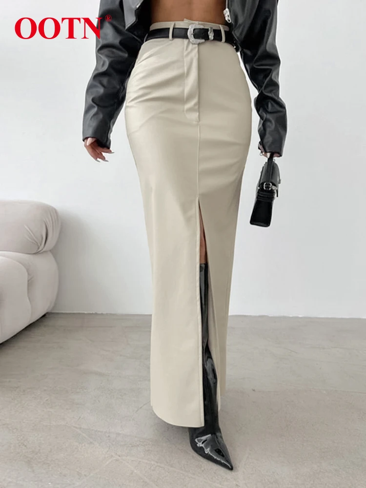 

OOTN Elegant Beige Faux Leather Skirts Women High Waist Warm PU Long Skirts 2024 Office Ladies Black Split Skirts Autumn Winter