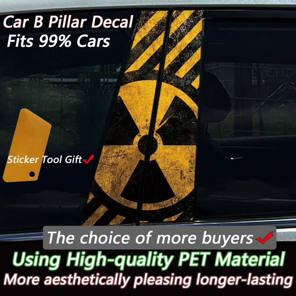 4Pcs/Set Nuclear Warning Sign Radioactive Hazard Warning Yellow-black Warning Stripes Car Center B Pillar Protective Film