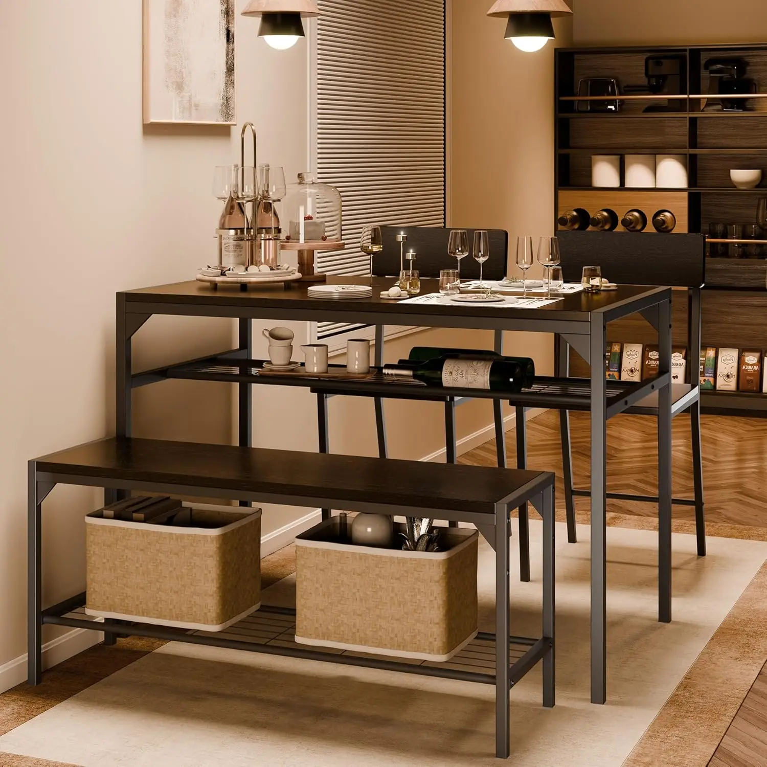 Dining Table for 4 with 2 Chairs and a Storage Bench, Small Kitchen Table Set with Wine Rack, Rectangular Computer Desk