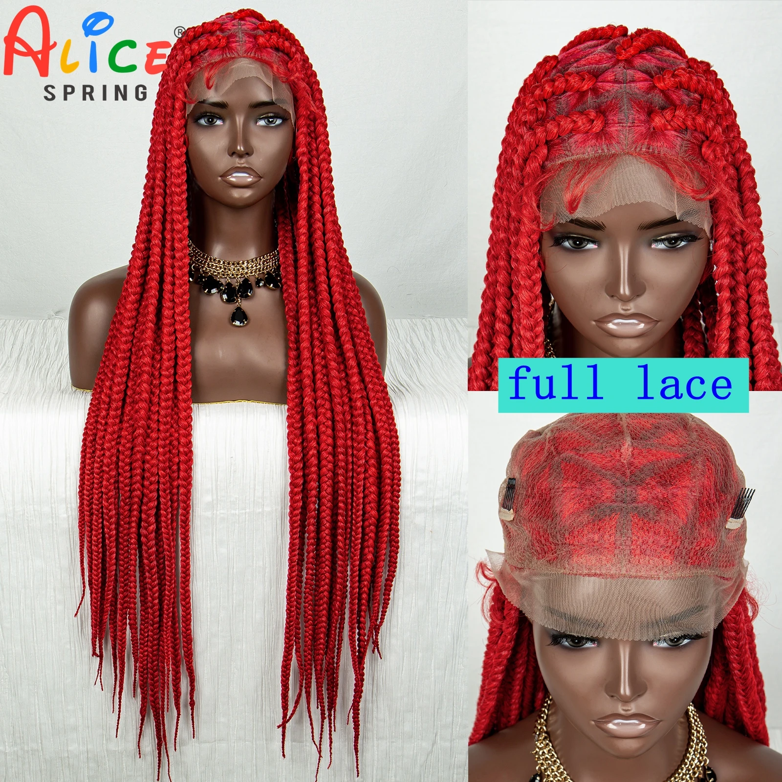 Red Color Synthetic Full Lace Braided Wigs 32 Inch Cornrow Box Braids Wig for Black Women Big Knotless Crochet Braiding Hair Wig